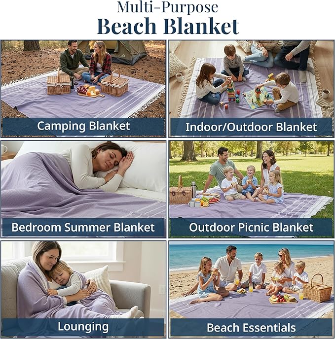 LANE LINEN Outdoor Blanket for Beach Necessities - Large Outdoor Blanket with Soft Pre-Washed, Diamond Weave Design (82"x82"), Beach Supplies for Summer Vacation, or Road Trips – Day Break