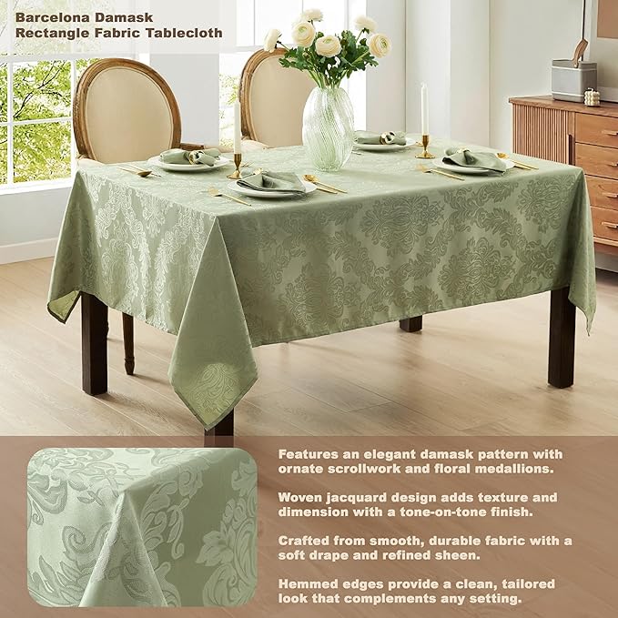 Newbridge Christmas Barcelona Damask Fabric Tablecloth, 60 x 84 Inch Rectangle, Sage Green – No Iron, Soil Resistant Table Cover for Dining, Parties and Holidays