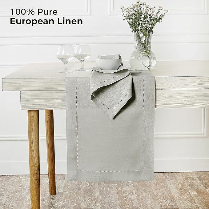 D'Moksha Homes Linen Silver Grey Table Runner 90 Inches Long - Classic Hemstitch 100% Pure Linen Dining Table Runner 14 x 90 Inch for Winter, Holiday, New Year