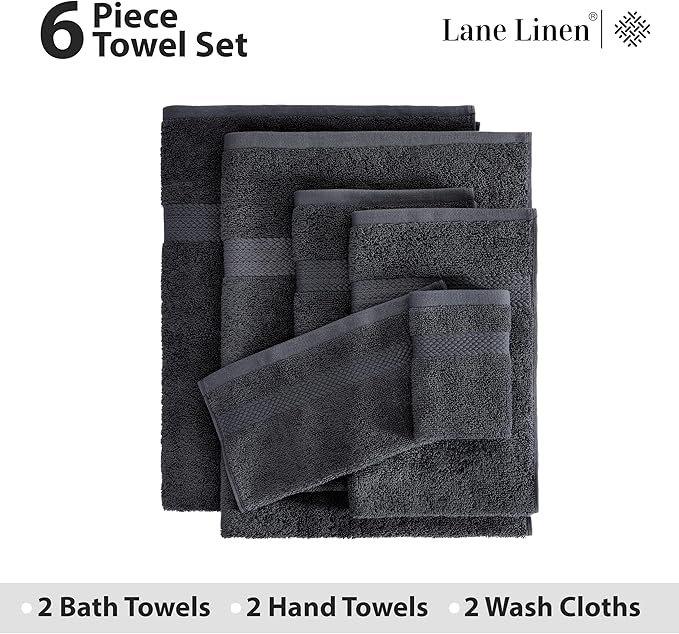 LANE LINEN 100% Cotton Luxury Bath Towel Set - 6 Pieces - Ring Spun, Super Soft & Highly Absorbent - 2 Bath, 2 Washcloths, 2 Hand Towels for Bathroom - Holds Well After Multiple Washes - Black