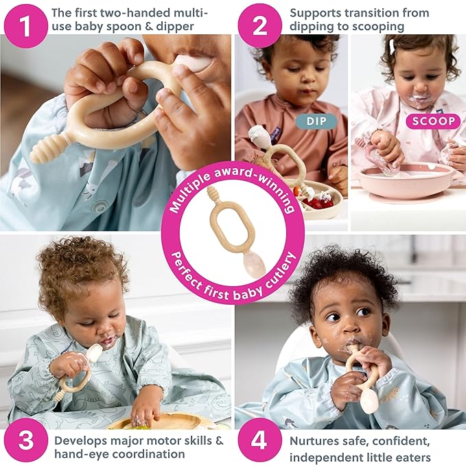 Bibado - Dippit Baby Spoon and Dipper, Fawn (2-Pack) - Soft, Chewable Dipper & Deep Spoon - Two-Hand, Sensory Grip - Toddler Utensils - Baby Led Weaning Supplies - Baby Essentials - 6 Months+
