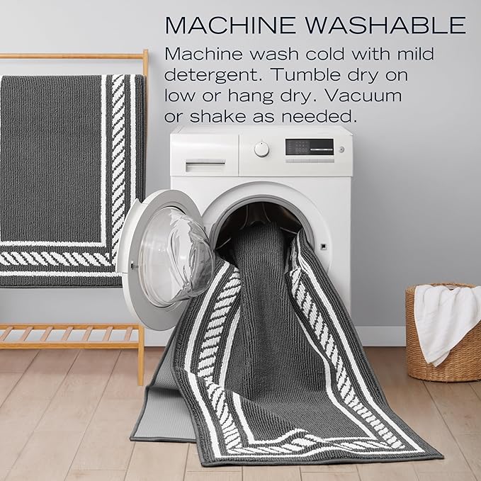 Nautica – Runner Rug | Indoor Runners for Hallways and Entry Rugs| Non-Slip and Non-Skid Entry and Kitchen Door Mat| Machine Washable Entryway Carpet Rugs | 2'2" x 3'9" | Rope Border Dark Grey