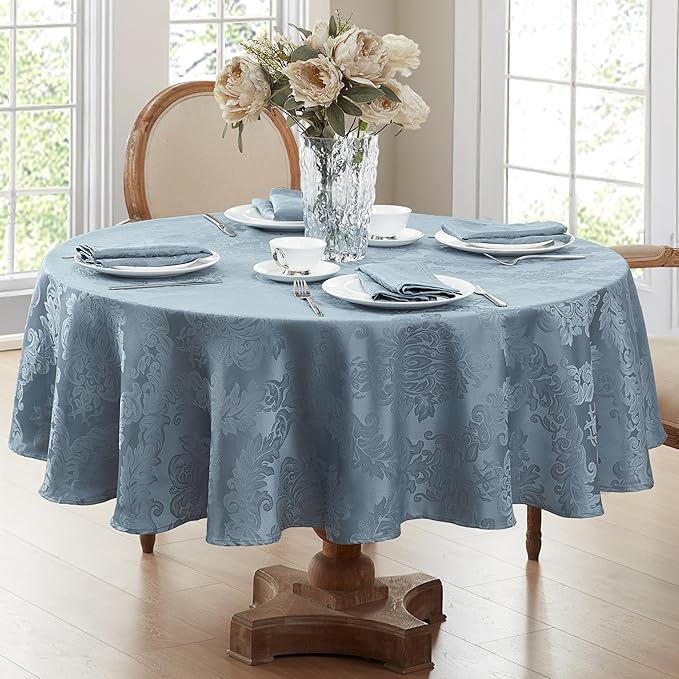 Newbridge Christmas Barcelona Damask Fabric Tablecloth, 90 Inch Round, Blue – No Iron, Soil Resistant Table Cover for Dining, Parties and Holidays