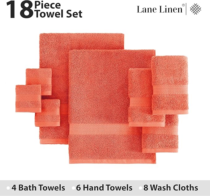 LANE LINEN 100% Ringspun Cotton Luxury Bath Towel Set, 18 PCs - 4 Bath Towels, 8 Washcloths, 6 Hand Towels - Sustainably Produced & Eco Friendly, Quick Drying & Ultra Absorbent - Living Coral