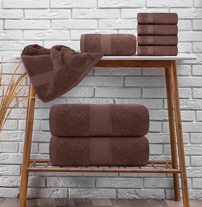 White Classic Luxury Bath Towel Set of 8 Pieces - 100% Turkish Cotton Highly Absorbent Towels for Bathroom, 2 Luxury Bath Towels 700GSM, 2 Hand Towels, 4 Washcloths, Brown