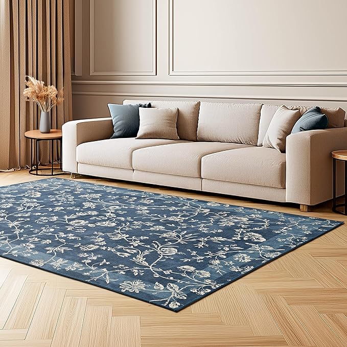 Laura Ashley Dark Navy Aria Floral Border Machine Washable & Slip Resistant 5' x 7' Area Rug