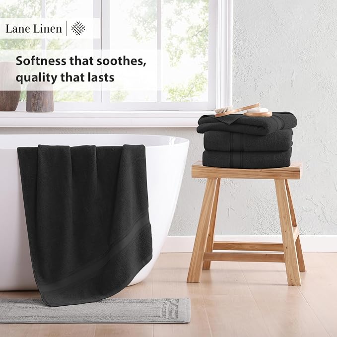 LANE LINEN 12 Pack Premium Towels for Bathroom – 100% Cotton, Zero Twist, 4 Bath, 4 Hand Towel & 4 Wash Cloths, Highly Absorbent, Remains Soft After Wash, Hotel & Spa Quality – Black