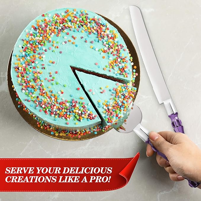 Purple Wedding Cake Knife and Server Set, Cake Cutter and Spatula, Acrylic Handle Set with 1.2mm Thick Blades for Weddings and Parties