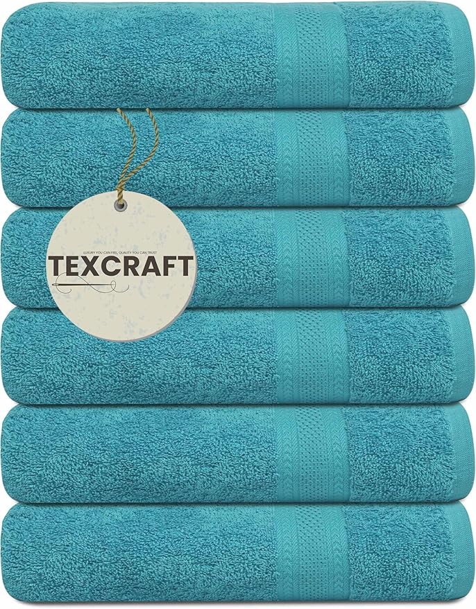 Large Bath Towels Set of 6 – 100% Cotton Terry – 24" x 50" – Quick Dry, Soft & Highly Absorbent – Teal Blue Towels for Bathroom, Gym, Spa, Pool & Daily Use