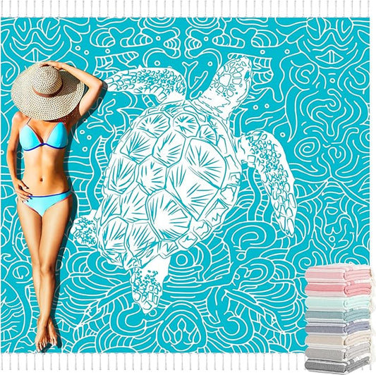 Oversized Turkish Beach Towel Blanket Cotton Giant XL Sandproof Towels Huge Linen XXL Extra Large Big Throw Quilt Blankets for Adults Cloud Travel Camping Glamping Accessories Essentials Turtle