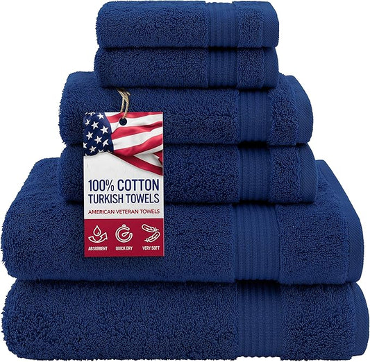 American Veteran 100% Cotton Turkish 6 Piece Luxury Towel Set - 2 Bath, 2 Hand, 2 Washcloths in Navy Blue