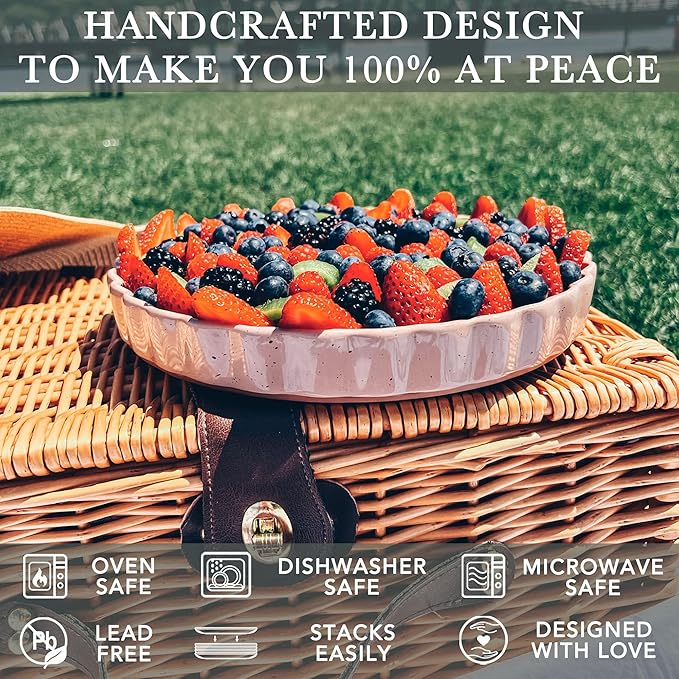 MORA Ceramic Tart Pan, 9.5 Inch Large Porcelain Baking Dish for Tarts, Quiche, Pie, Flan etc. Fluted Ruffled Edge, Oven, Microwave, Freezer, and Dishwasher safe - Great Gift For Bakers - Chai