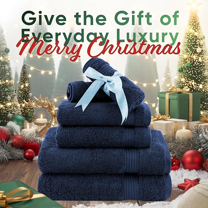 American Veteran Towel, 6 Piece Towel Set for Bathroom, 100% Cotton Turkish Bathroom Towels, 2 Bath Towels 2 Hand Towels 2 Washcloths, Navy Blue