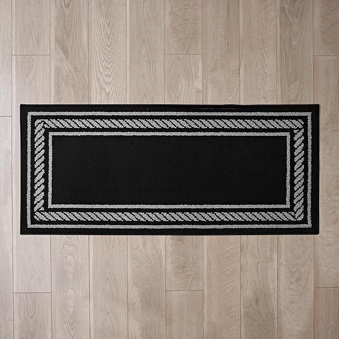 Nautica – Runner Rug | Indoor Runners for Hallways and Entry Rugs| Non-Slip and Non-Skid Entry and Kitchen Door Mat| Machine Washable Entryway Carpet Rugs | 2'2" x 5' | Rope Border Black