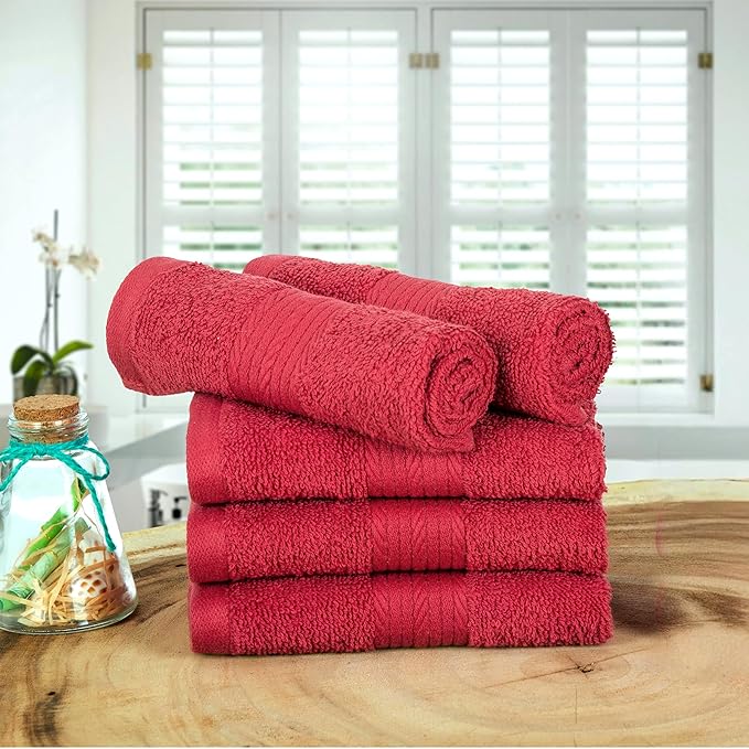 Ample Decor Washcloths Pack of 5 12 X 12 Inch 100% Cotton 600 GSM, Soft Absorbent and Reusable Fingertip Towels, Ideal for Bathroom and Powder Room - Christmas Red