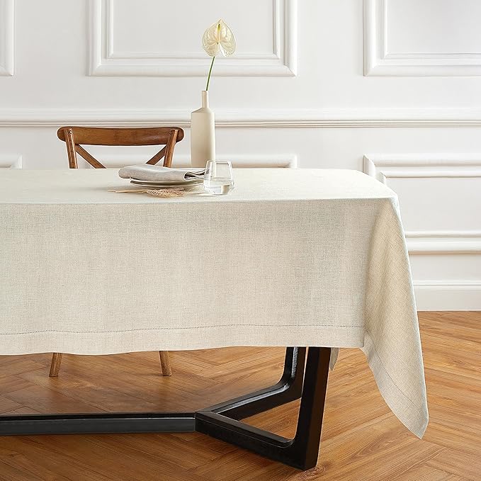 Solino Home Linen Tablecloth 70 x 90 Inch - Sonoma Hemstitch 100% Pure Linen Flax Table Cloth for Rectangle Tables - Machine Washable Tablecloth