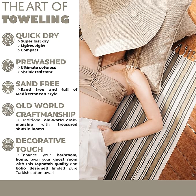 Madamelique Turkish Beach Towel with Beach Bag - 39 x 74 - Prewashed Beach Towels Oversized -%100Cotton - Quick Dry - Sand Free - Hand Loomed Turkish Bath Towels - Unique Absorbent Towel (Sand)