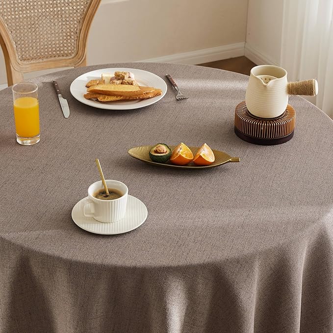 Linen Tablecloth with Tassels, Farmhouse Style Brown Tablecloth, Water Resistant Burlap Tablecloths for Round Table, 60 Inch Round Cocoa Brown