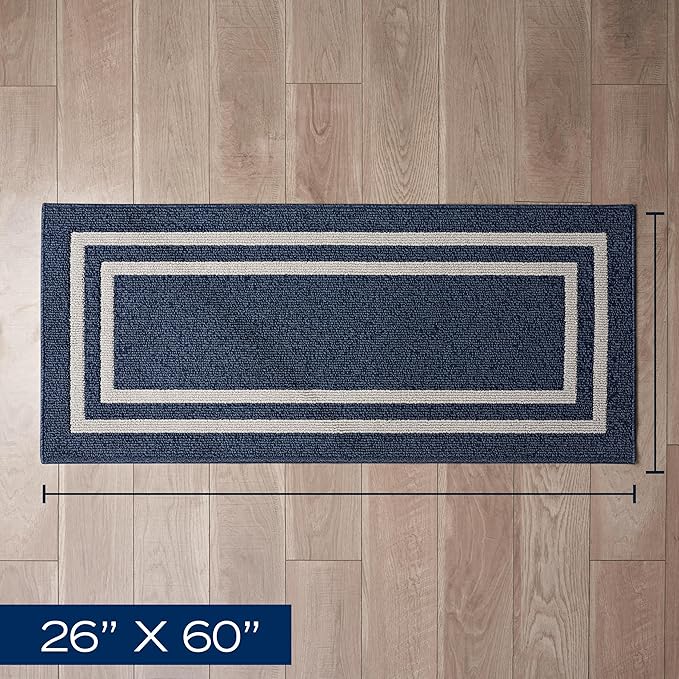 Nautica – Runner Rug | Indoor Runners for Hallways and Entry Rugs| Non-Slip and Non-Skid Entry and Kitchen Door Mat| Machine Washable Entryway Carpet Rugs | 2'2" x 5' | Double Border Denim