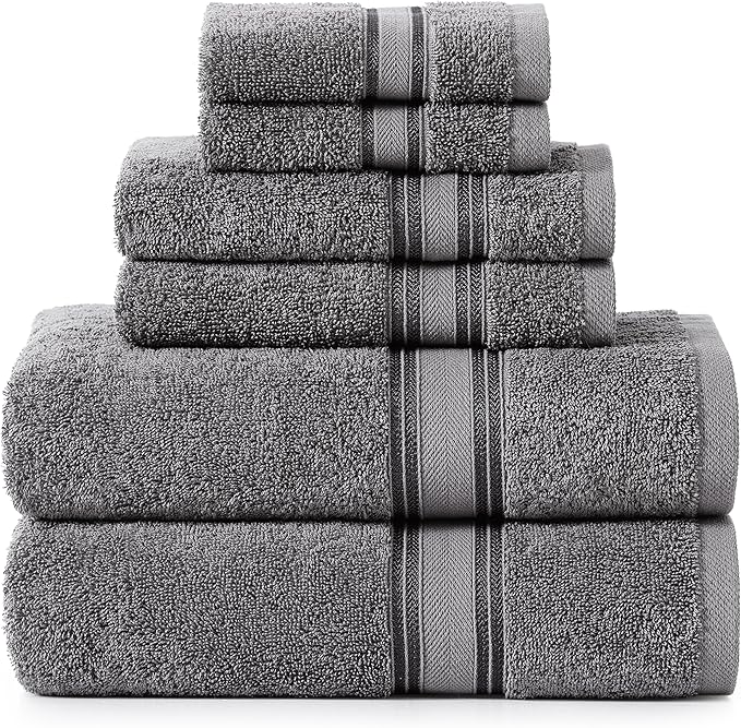 LANE LINEN Luxury Bath Towels Set - 6 Piece, 100% Cotton, Quick Dry, Soft & Absorbent, Zero Twist - 2 Bath Towels, 2 Hand Towels, 2 Washcloths - Cool Grey