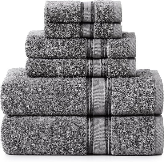 LANE LINEN Luxury Bath Towels Set - 6 Piece, 100% Cotton, Quick Dry, Soft & Absorbent, Zero Twist - 2 Bath Towels, 2 Hand Towels, 2 Washcloths - Cool Grey