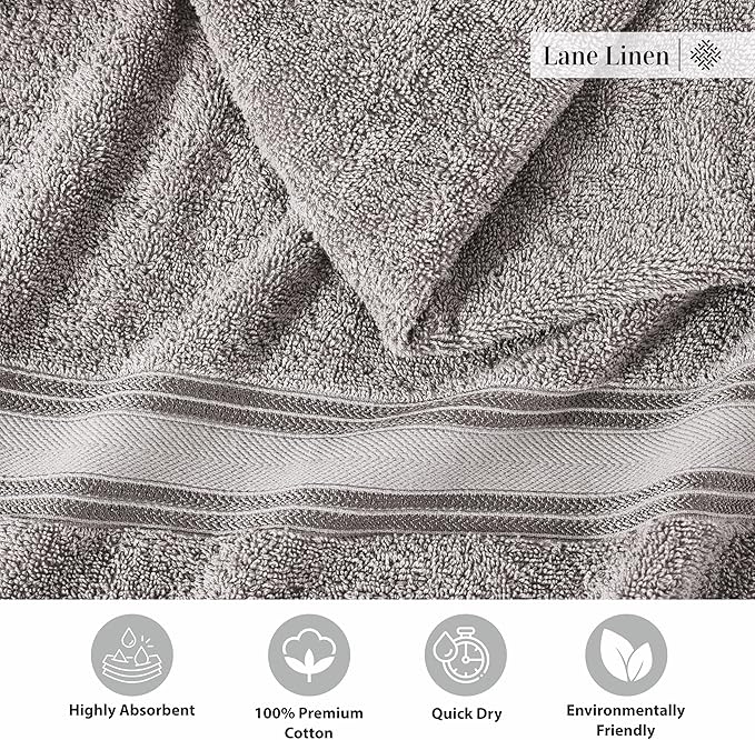 LANE LINEN Bath Towel Set of 12 – Premium 100% Cotton Mercerized, 4 Bath, 4 Hand & 4 Washcloth, Zero Twist Hotel Collection Towels Soft, Gentle on Body, Absorbent & Ideal for Everyday Use – Grey