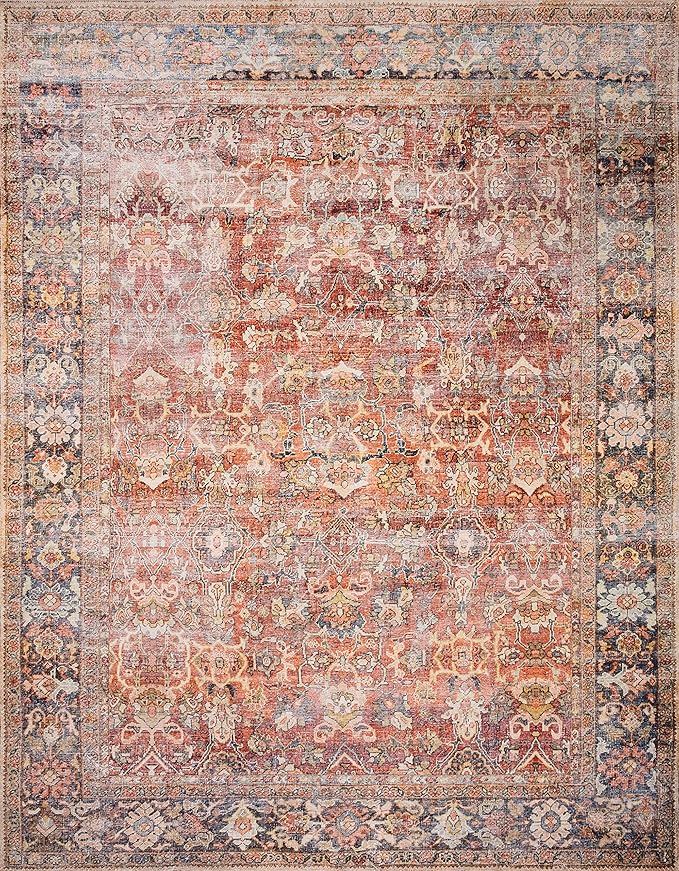Loloi Layla Collection LAY-02 Spice/Marine 7'-6" x 9'-6" .13" Thick Area Rug, Soft, Durable, Vintage Inspired, Distressed, Low Pile, Non-Shedding, Easy Clean, Printed, Living Room Rug