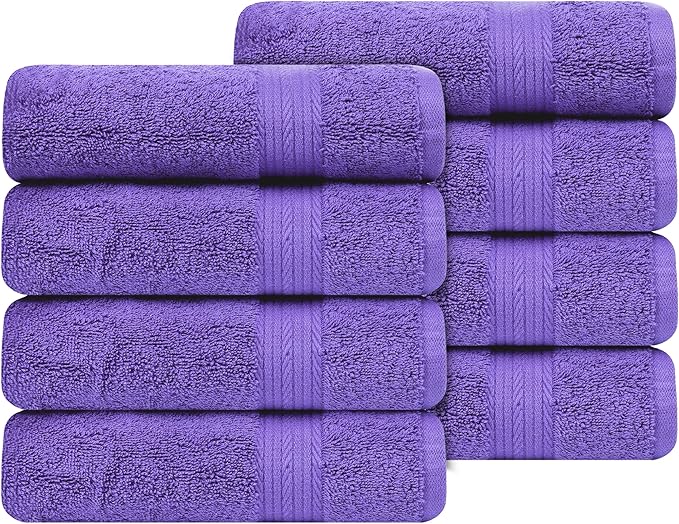 Ample Decor Hand Towel 18 X 28 Inch Pack of 8 600 GSM 100% Cotton, Soft Absorbent Thick Durable Premium Quality, for Hotel, Bathroom, Spa, Daily Use, Gym - Machine Washable - Purple