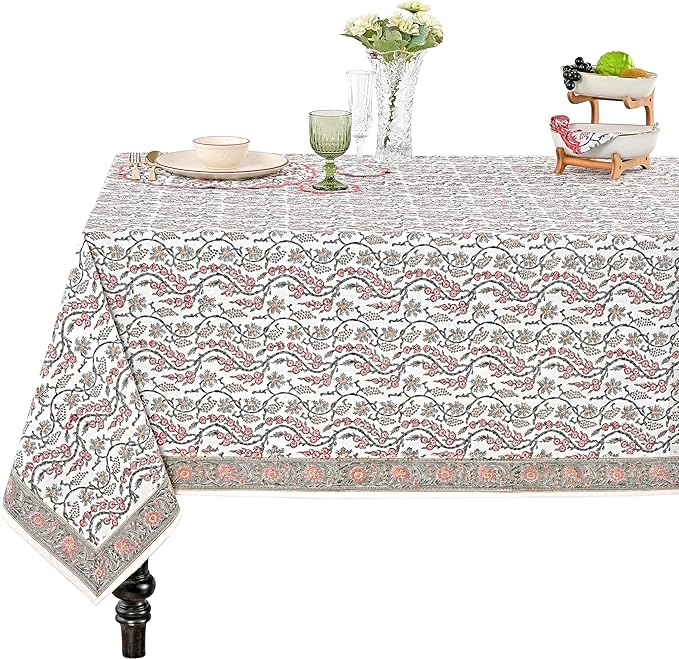 Ridhi Coral Pink Hand Block Print Cotton Rectangle Tablecloth 160" x 72" inches Reusable Table Cover Decorative Everyday Use for Dining, Farmhouse, Home, Party, Festive, Wedding, Fall