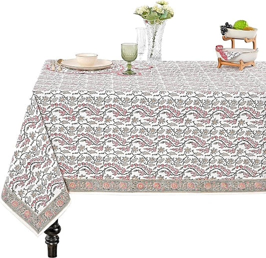 Ridhi Coral Pink Hand Block Print Cotton Rectangle Tablecloth 160" x 72" inches Reusable Table Cover Decorative Everyday Use for Dining, Farmhouse, Home, Party, Festive, Wedding, Fall