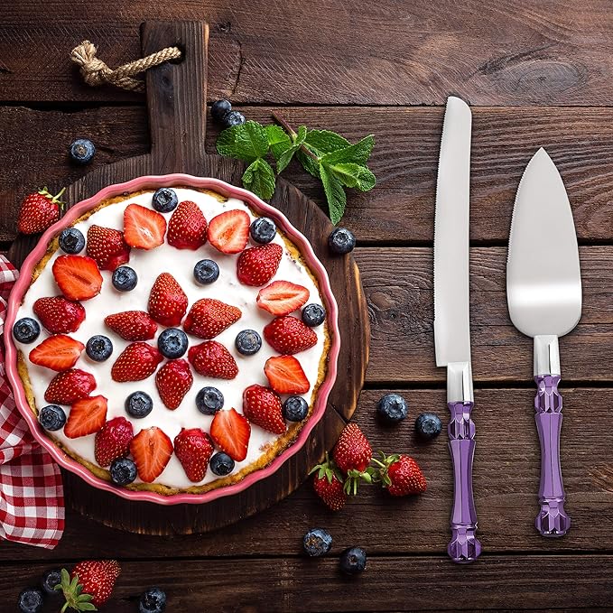 Purple Wedding Cake Knife and Server Set, Cake Cutter and Spatula, Acrylic Handle Set with 1.2mm Thick Blades for Weddings and Parties