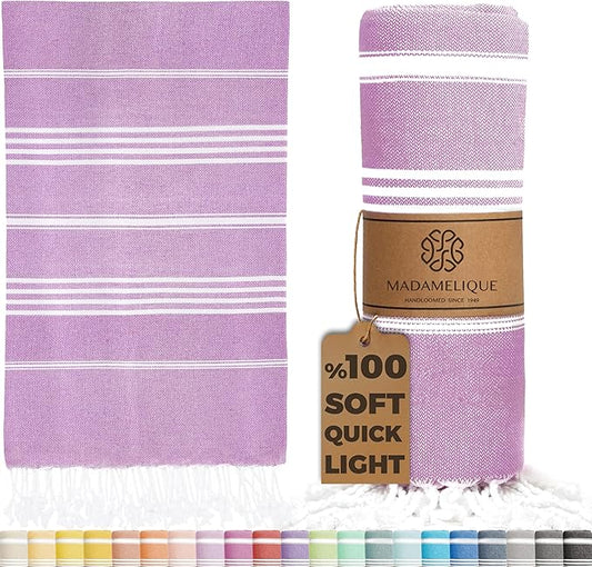 Madamelique Turkish Beach Towel Oversized - 39 x 74 - Quick Dry - Sand Free - Extra Large - Prewashed Beach Towels - Summer Gift - Beach Essentials - Travel Towel (Mediterranean Without Bag, Lilac)