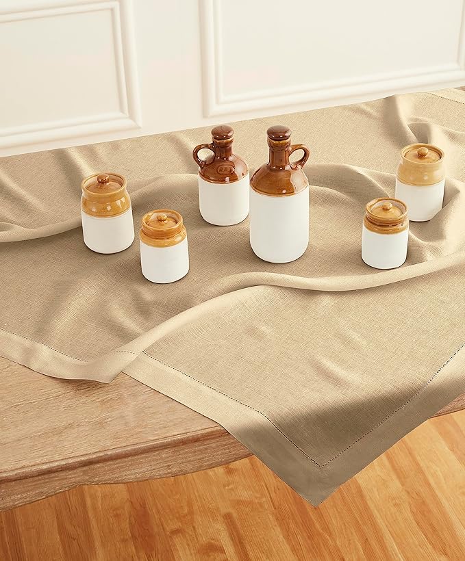 Solino Home Linen Square Tablecloth 52 x 52 Inch - 100% Pure Linen Beige Table Throw - Classic Hemstitch, Machine Washable Table Cloth