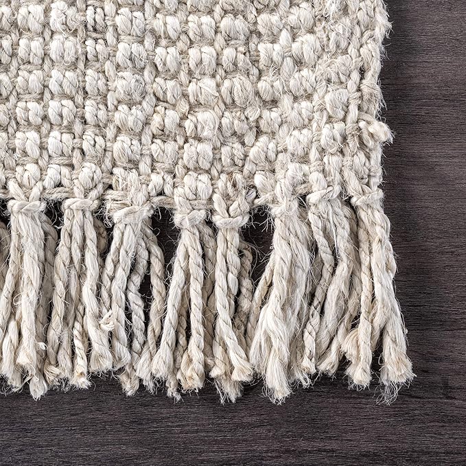 Nuloom Daniela Off-White, 8' Square, Handmade, Jute, Tassel, Soft and Textured, High Traffic, Stain Resistant, Easy Clean, Durable Area Rug for Bedroom, Living Room, Dining Space, Foyer, Entryway