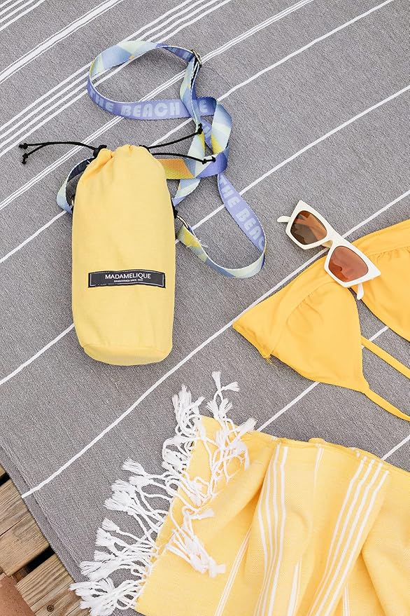 Madamelique Turkish Beach Towel with Beach Bag - 39 x 74 - Prewashed Beach Towels Oversized -%100Cotton - Quick Dry - Sand Free - Hand Loomed Turkish Bath Towels - Unique Absorbent Towel (Dark Gray)