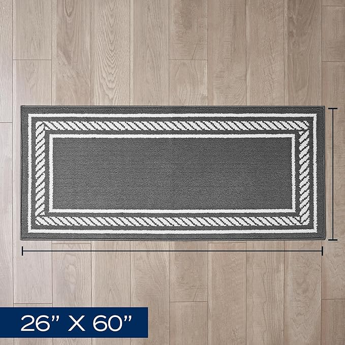 Nautica – Runner Rug | Indoor Runners for Hallways and Entry Rugs| Non-Slip and Non-Skid Entry and Kitchen Door Mat| Machine Washable Entryway Carpet Rugs | 2'2" x 5' | Rope Border Dark Grey