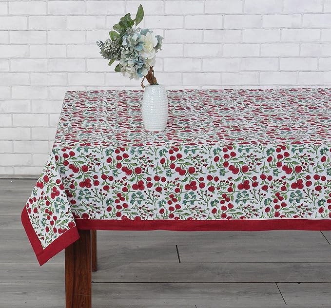 Ridhi Garnet Red Hand Block Print Cotton Rectangle Tablecloth 120" x 80" inches Reusable Table Cover Decorative Everyday Use for Dining, Farmhouse, Home, Party, Festive, Wedding, Fall
