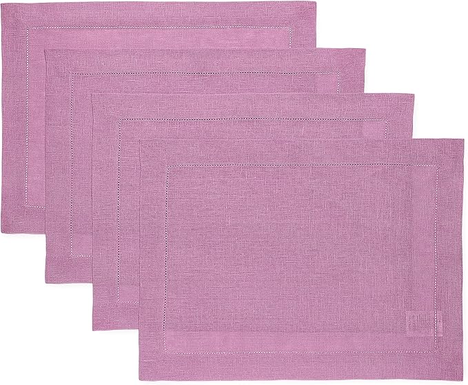 Solino Home Linen Cloth Placemats Set of 4-100% Pure Linen Hemstitch Violet Placemats 14 x 19 Inch - Classic Hemstitch Table Place Mats for Valentines