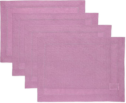 Solino Home Linen Cloth Placemats Set of 4-100% Pure Linen Hemstitch Violet Placemats 14 x 19 Inch - Classic Hemstitch Table Place Mats for Valentines