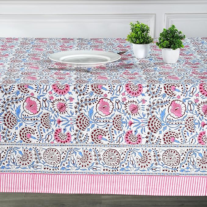 Ridhi Pigeon Blue Flamingo Pink Hand Block Print Cotton Rectangle Tablecloth 160" x 72" inches Reusable Table Cover Decorative Everyday Use for Dining, Farmhouse, Home, Party, Festive, Wedding, Fall