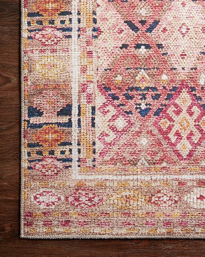 Loloi Layla Collection LAY-15 Magenta/Multi 3'-6" x 5'-6" .13" Thick Accent Rug, Soft, Durable, Vintage Inspired, Distressed, Low Pile, Non-Shedding, Easy Clean, Printed, Living Room Rug