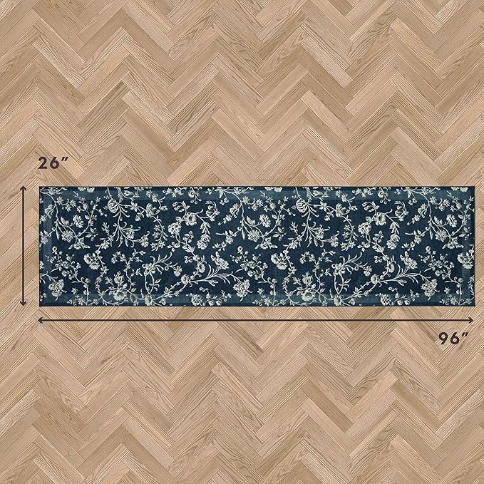 Laura Ashley Dark Navy Aria Floral Border Machine Washable & Slip Resistant 26" x 96" Runner Rug