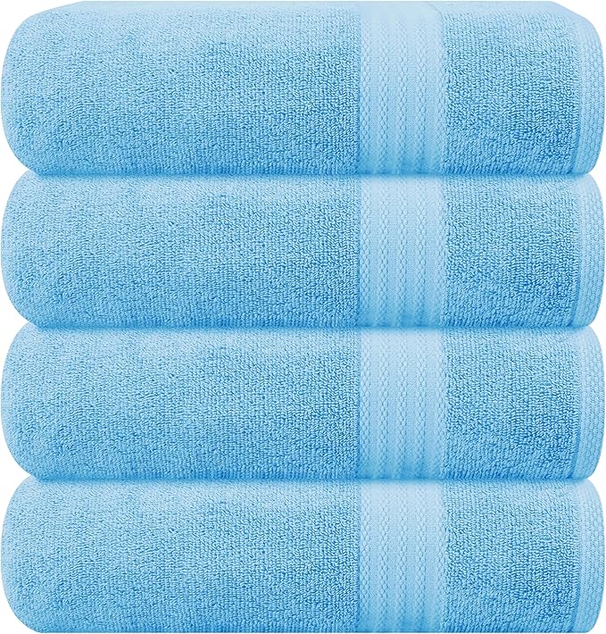 GLAMBURG Premium Cotton 4 Pack Bath Towel Set - 100% Pure Cotton - 4 Bath Towels 27x54 - Ideal for Everyday use - Ultra Soft & Highly Absorbent - Sky Blue