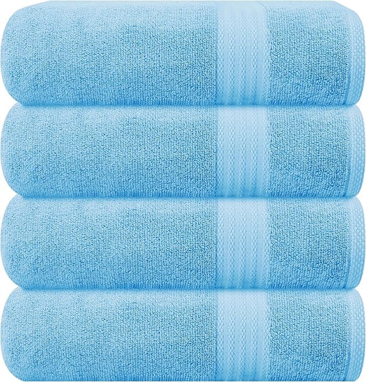 GLAMBURG Premium Cotton 4 Pack Bath Towel Set - 100% Pure Cotton - 4 Bath Towels 27x54 - Ideal for Everyday use - Ultra Soft & Highly Absorbent - Sky Blue