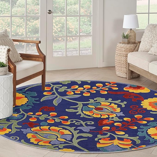 Nourison Home Aloha Navy Multicolor 7'10" x Round Area Rug - Easy Clean, Non Shedding, Bed Room, Living Room, Dining Room, Kitchen (8' x Round)