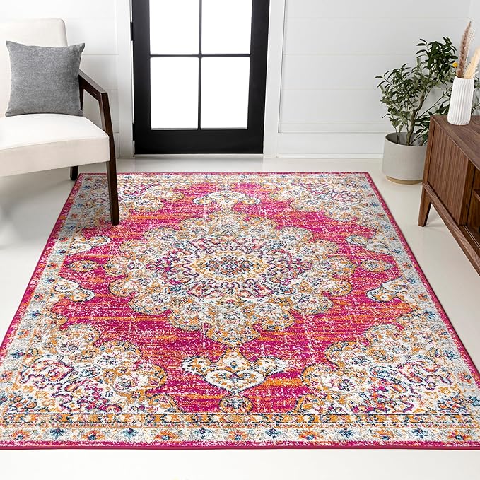 JONATHAN Y Boho Vintage Pink/Cream Indoor Area Rug, 8x10, Bohemian Flair Medallion, Chic, Floral, High Traffic for Living Room, Bedroom, Kitchen, Pet Friendly, Non-Shedding (BMF104A-8)