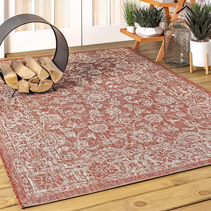 JONATHAN Y Weave Floral Indoor Outdoor Area Rug 3X5 Red/Taupe, Tela Bohemian Textured for Backyard, Patio, Porch, Easy-Cleaning, High Traffic, Pet-Friendly, Non-Shedding (SMB100A-3)