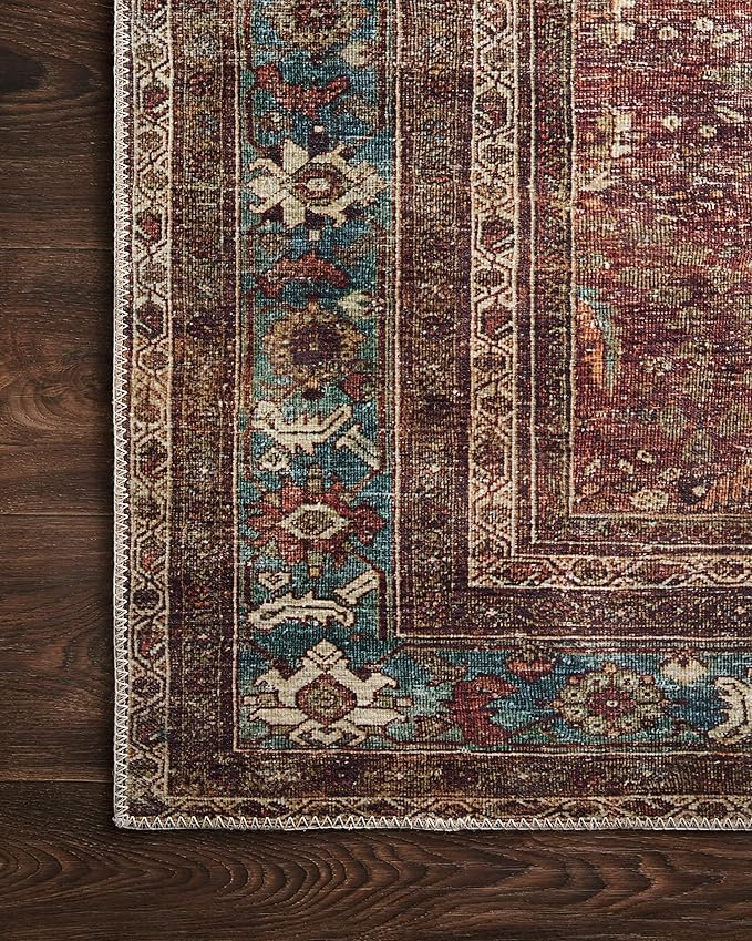 Loloi Layla Collection LAY-01 Brick/Blue 2'-3" x 3'-9" .13" Thick Accent Rug, Soft, Durable, Vintage Inspired, Distressed, Low Pile, Non-Shedding, Easy Clean, Printed, Living Room Rug