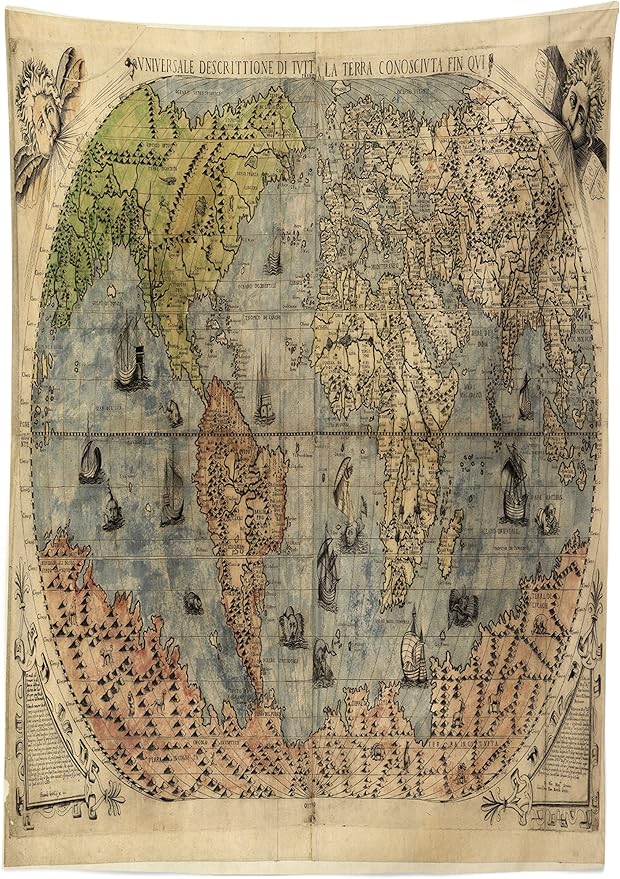 Ambesonne Antique Tablecloth, Map of World Global History Stained Paper Oceans Lands Vintage Atlas, Rectangular Table Cover for Dining Room Kitchen Decor, 60" X 84", Tan Green