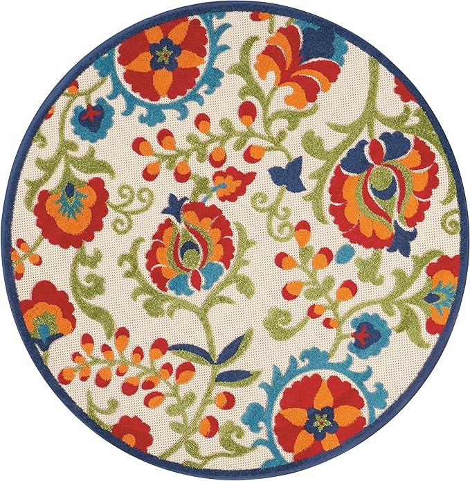 Nourison Aloha Indoor/Outdoor Multicolor 4' x Round Area Rug, Easy Cleaning, Non Shedding, Bed Room, Living Room, Dining Room, Backyard, Deck, Patio (4 Round)